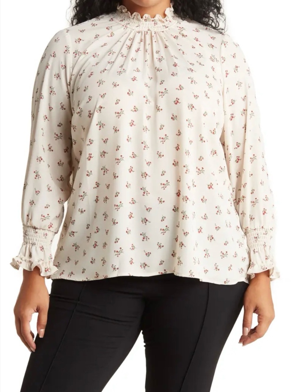 Pleione Cream Floral Smocked-Neck Long Sleeve Blouse NWT 🌺